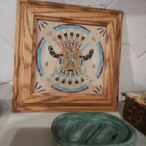 Framed Native American Sand Art Picture Bison Skull Feathers Turquoise Brown